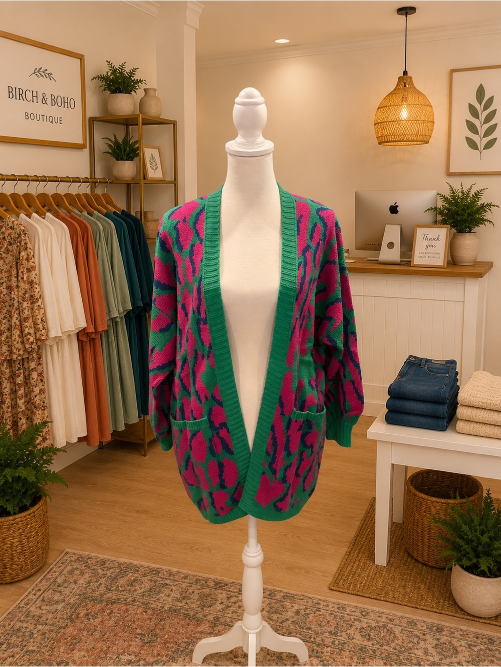 Umgee NWT Pink Green Animal Print Cardigan Balloon Sleeve Sweater S M L